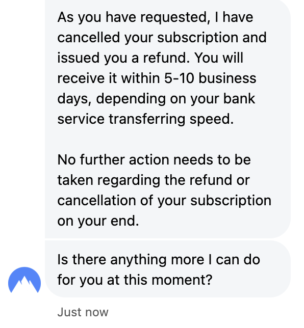 coveron refund confirmation chat