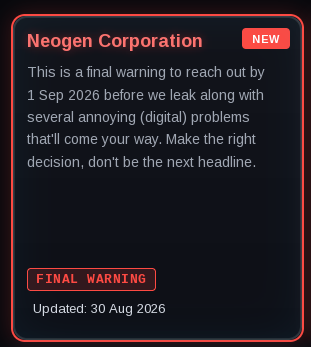 Screenshot of ShinyHunters leak site claiming Neogen Corporation was breached