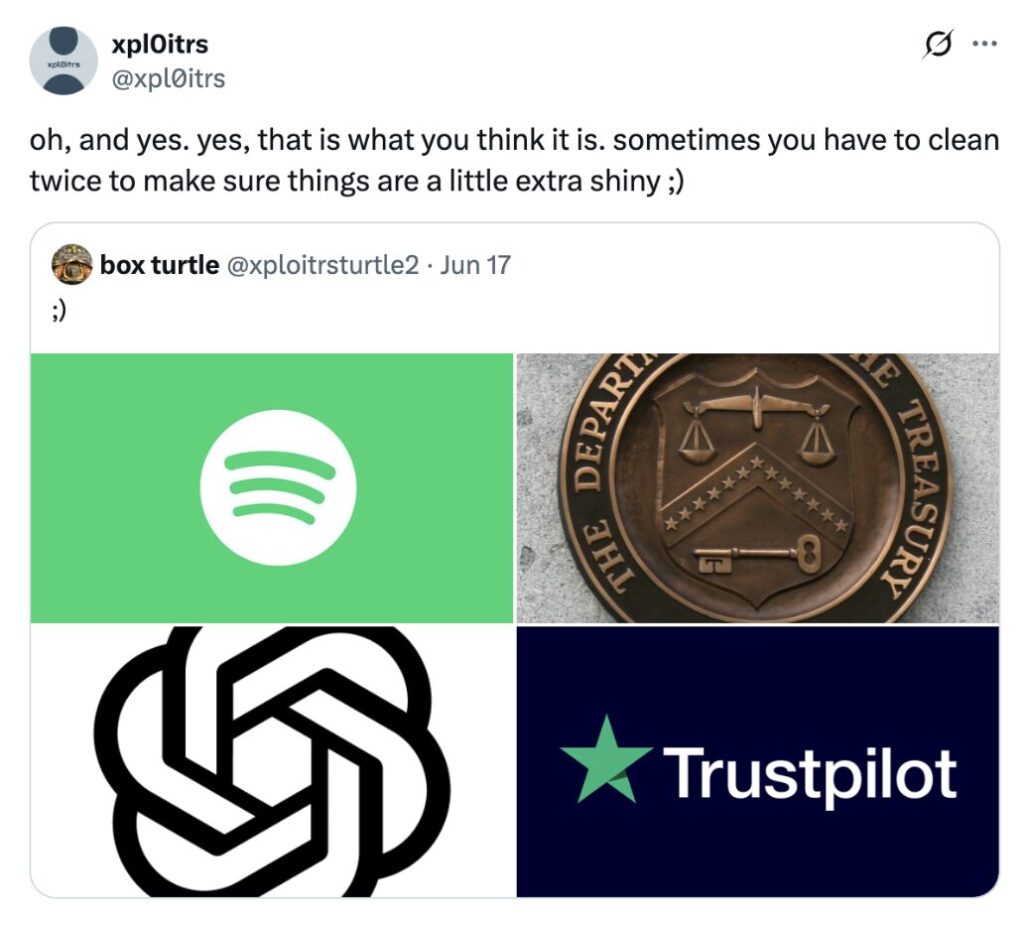 <em>A screenshot of X feed, where Xpl0itrs shares that they have breached OpenAI, Spotify, Truspilot US Department of the Treasury.</em>
