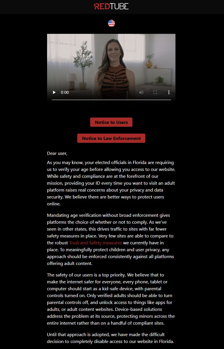 redtube is blocked in us florida notification