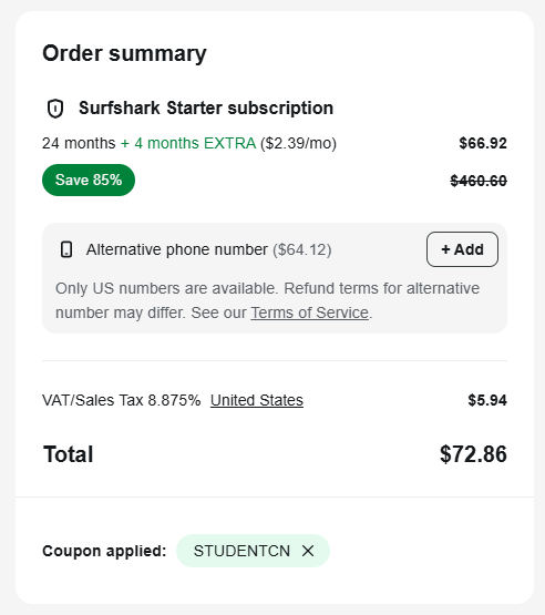 Surfshark order with student discount applied in August 2026