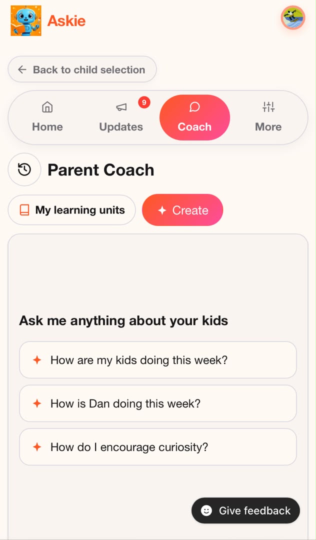 Askie Parent Coach AI for parents lets you ask questions about your kids