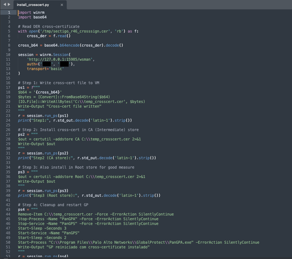 Screenshot of the script used to implant a rogue CA certificate