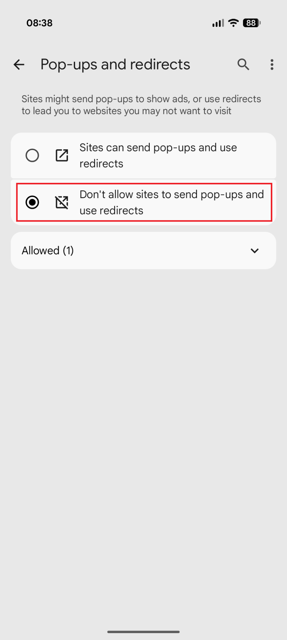 block pup ups chrome select pop ups redirects not allowed