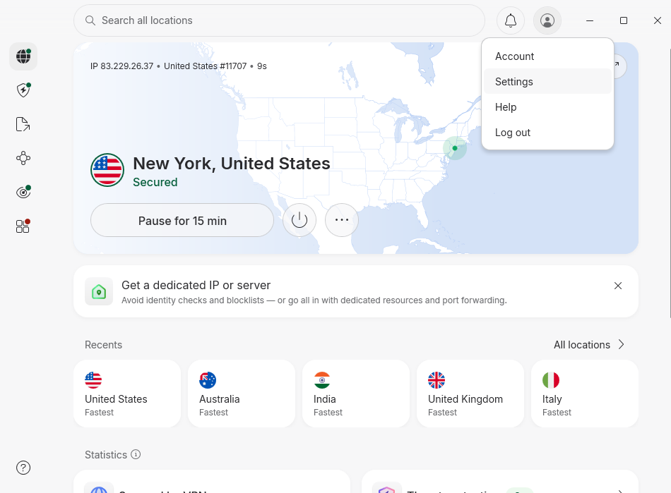 nordvpn app with settings option
