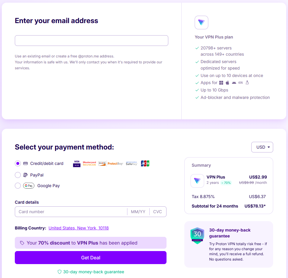 Proton VPN checkout page