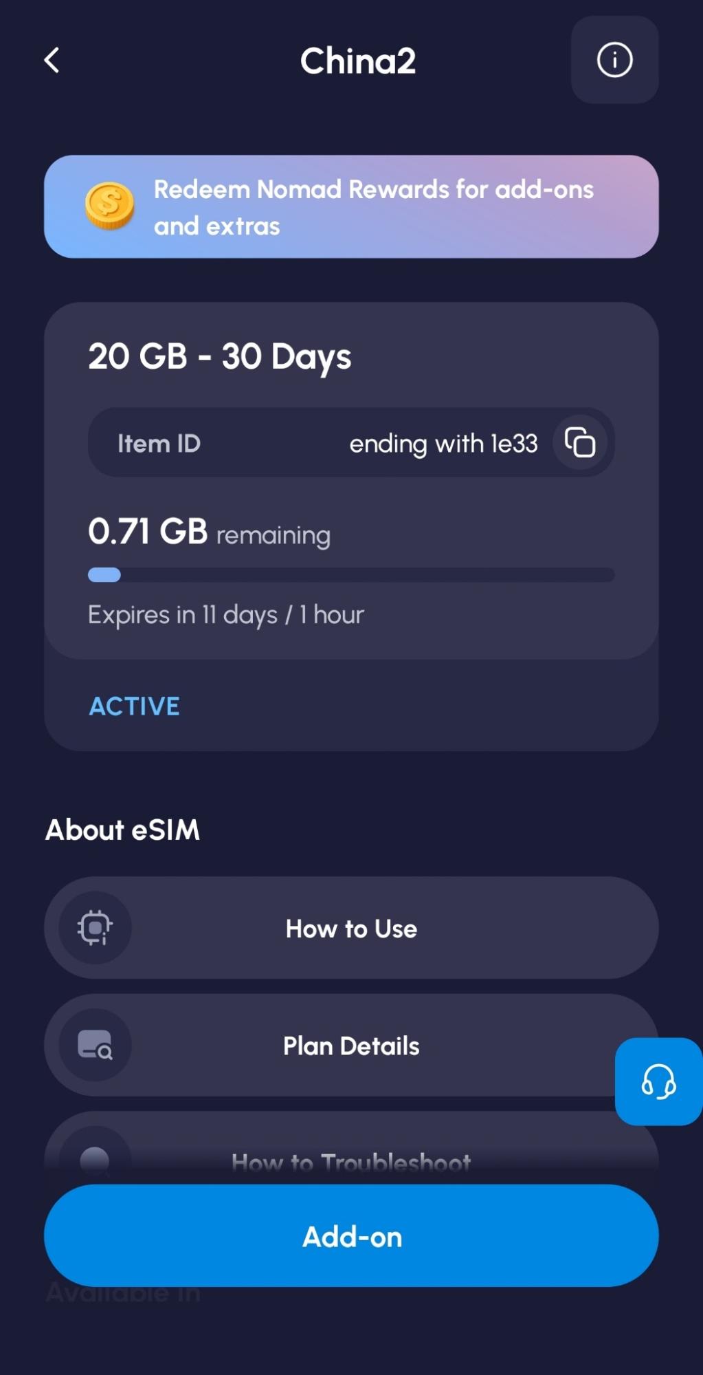 An active Nomad plan displaying remaining data and time until expiry