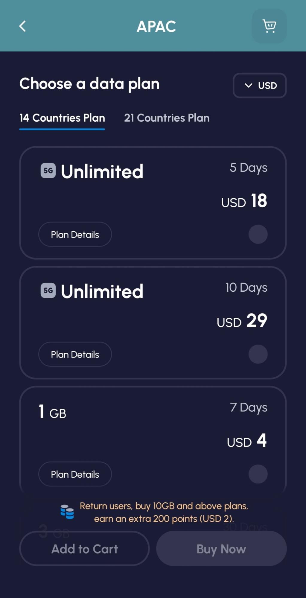 Nomads APAC plans with fixed data and unlimited options and different validity periods