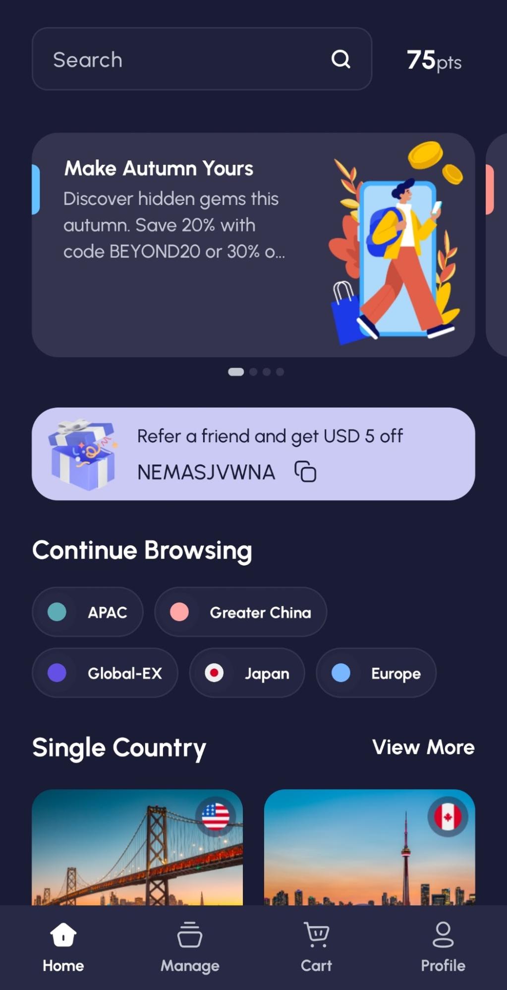 The Nomad app displaying single country and regional plans alongside current promotions