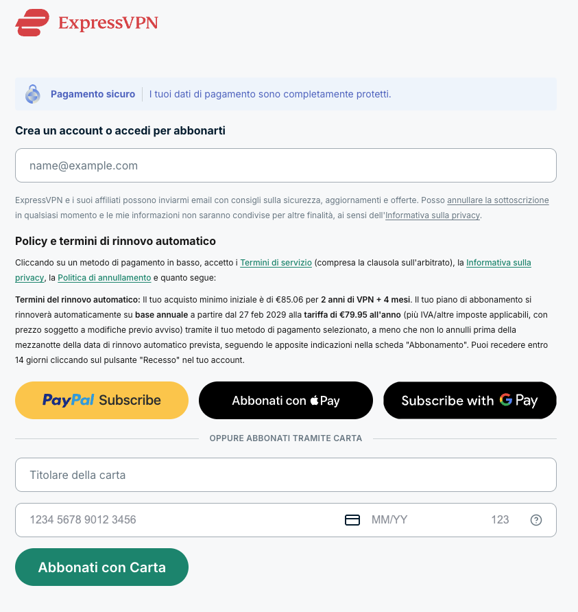 Pagina di checkout di ExpressVPN