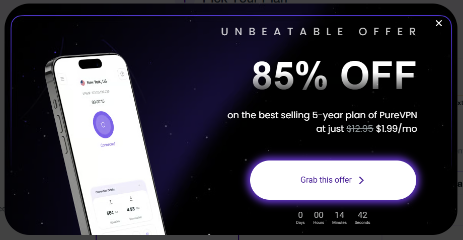 PureVPN pop-up for a 5-year deal