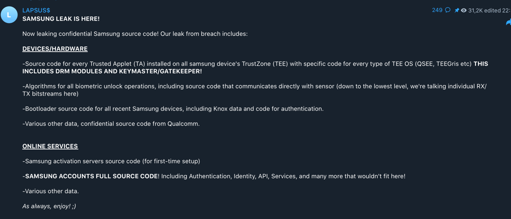 Lapsus$ posting online about its alleged hacking of Samsung
