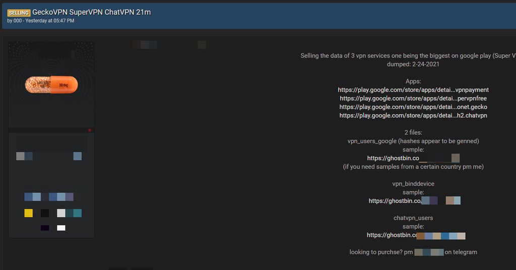Data of a VPN service being sold on a forum