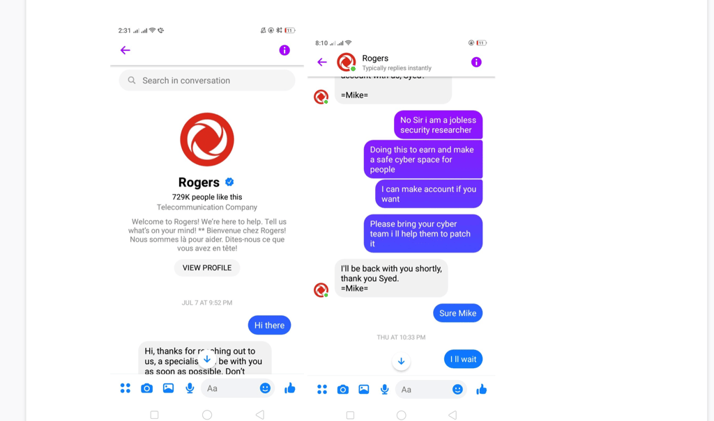 Screenshots of communication with Rogers' support