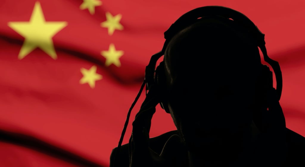 Silhouette of a man in headphones, secret agent eavesdropping, spy and scout, China flag