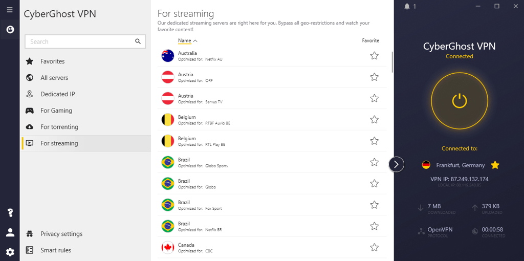 cyberghost streaming servers