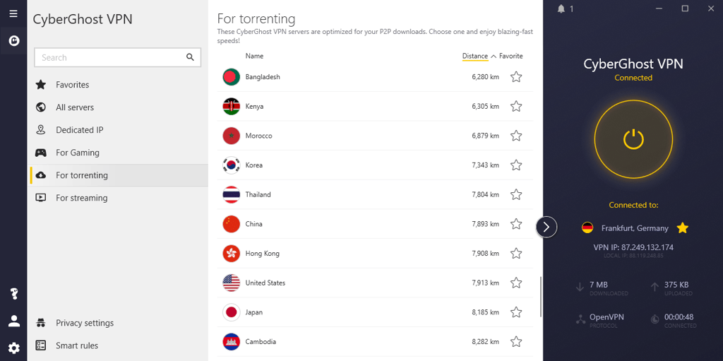 cyberghost torrenting servers