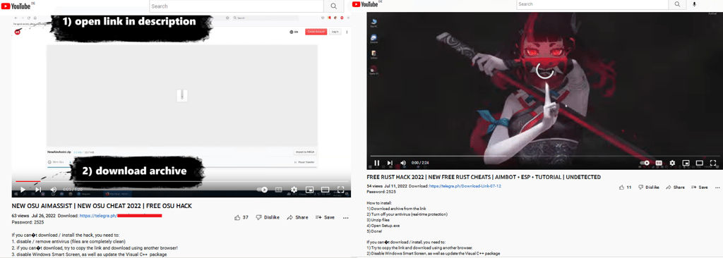 Screengrab of cheat sites used to lure dishonest gamers on YouTube