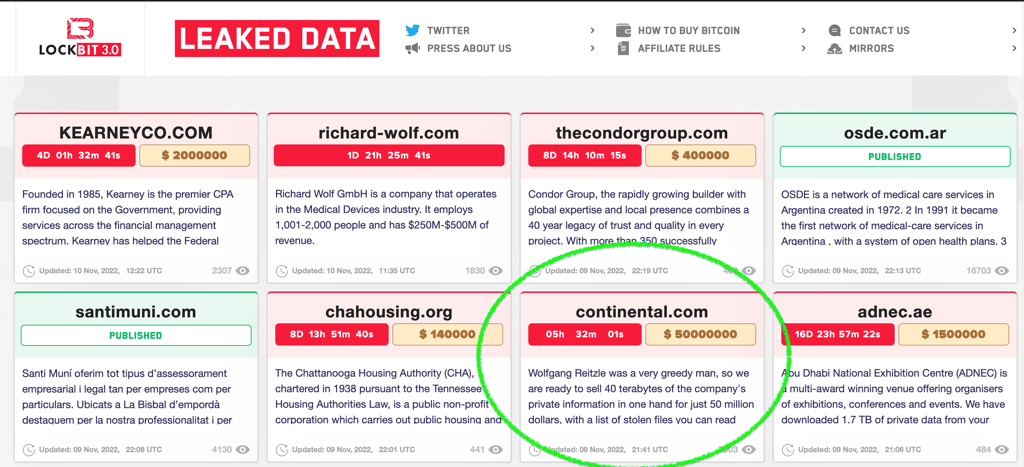 Lockbit's renewed threat issued to Continental on its website