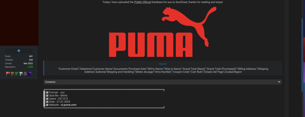 Screenshot of the posted database