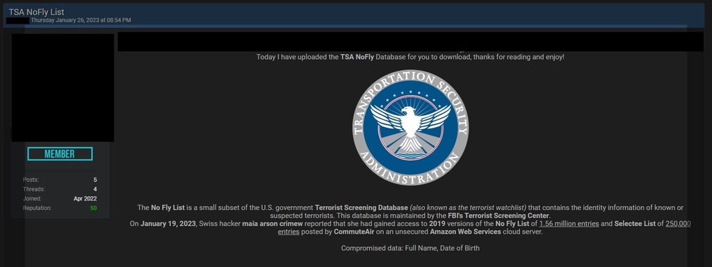 Screenshot of the post in a hacker forum