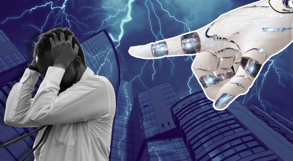 robot hand, laid off worker, skyscraper, stormy sky