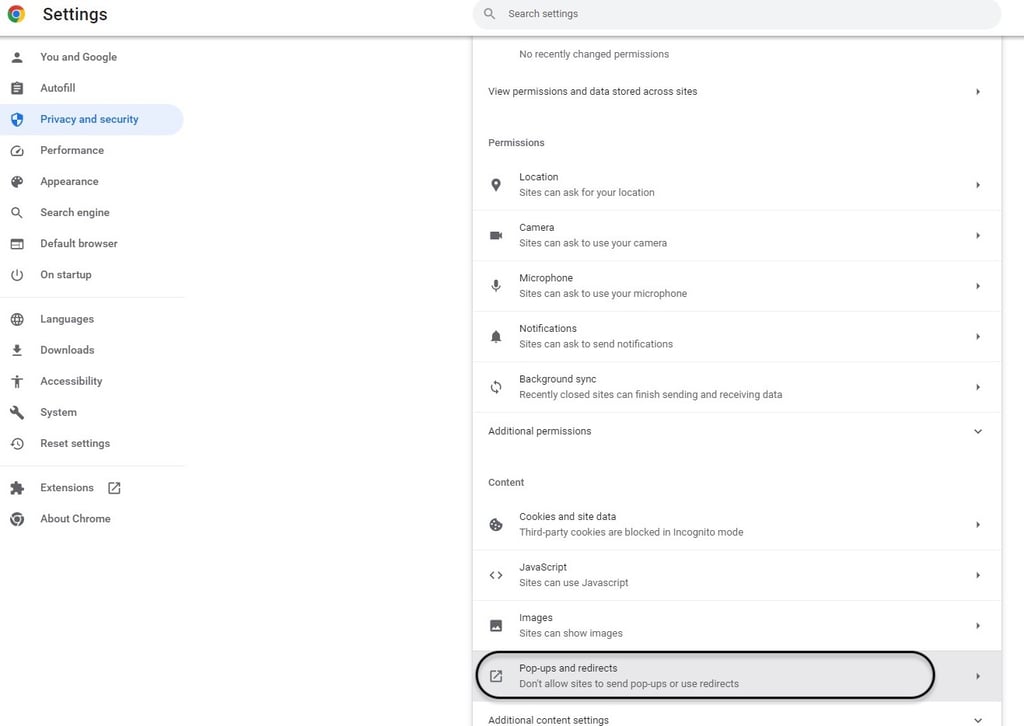 chrome site settings redirects