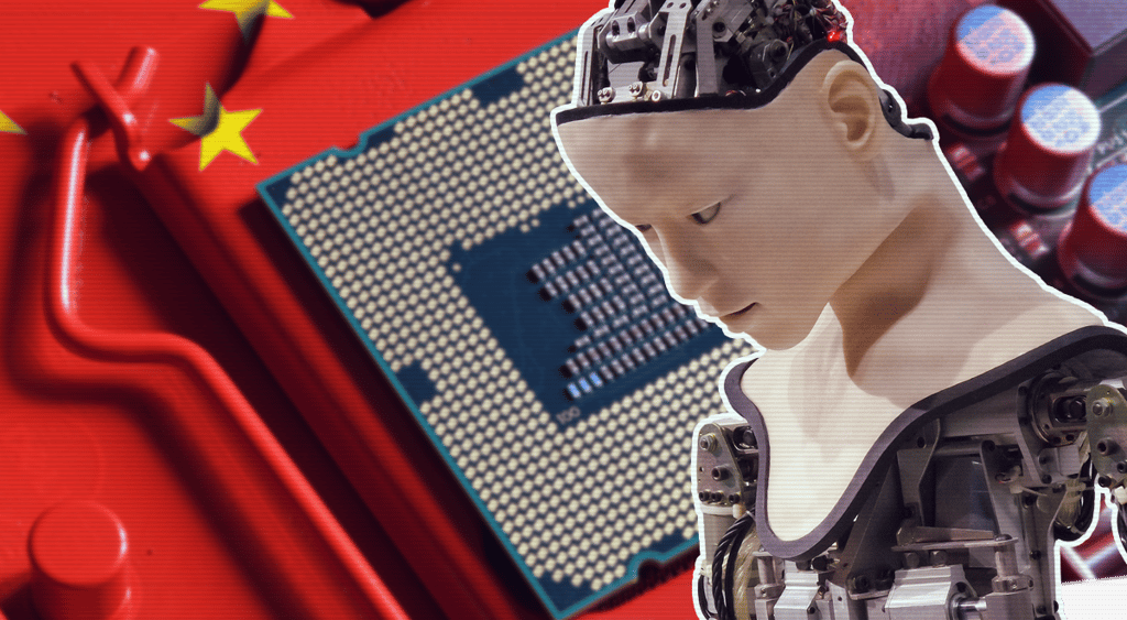 Chip with chinese flag in the background, robot in the foreground