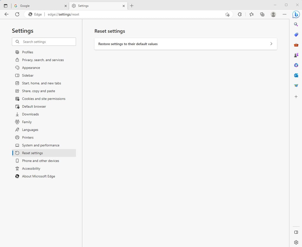 Resetting settings