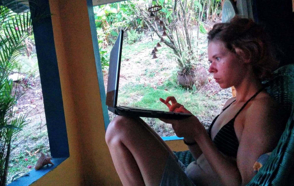 Working at the cabin in Port Antonio, Jamaica