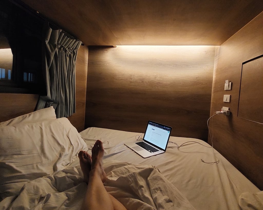 Working on a bunk bed at the hostel in Bangkok, Thailand