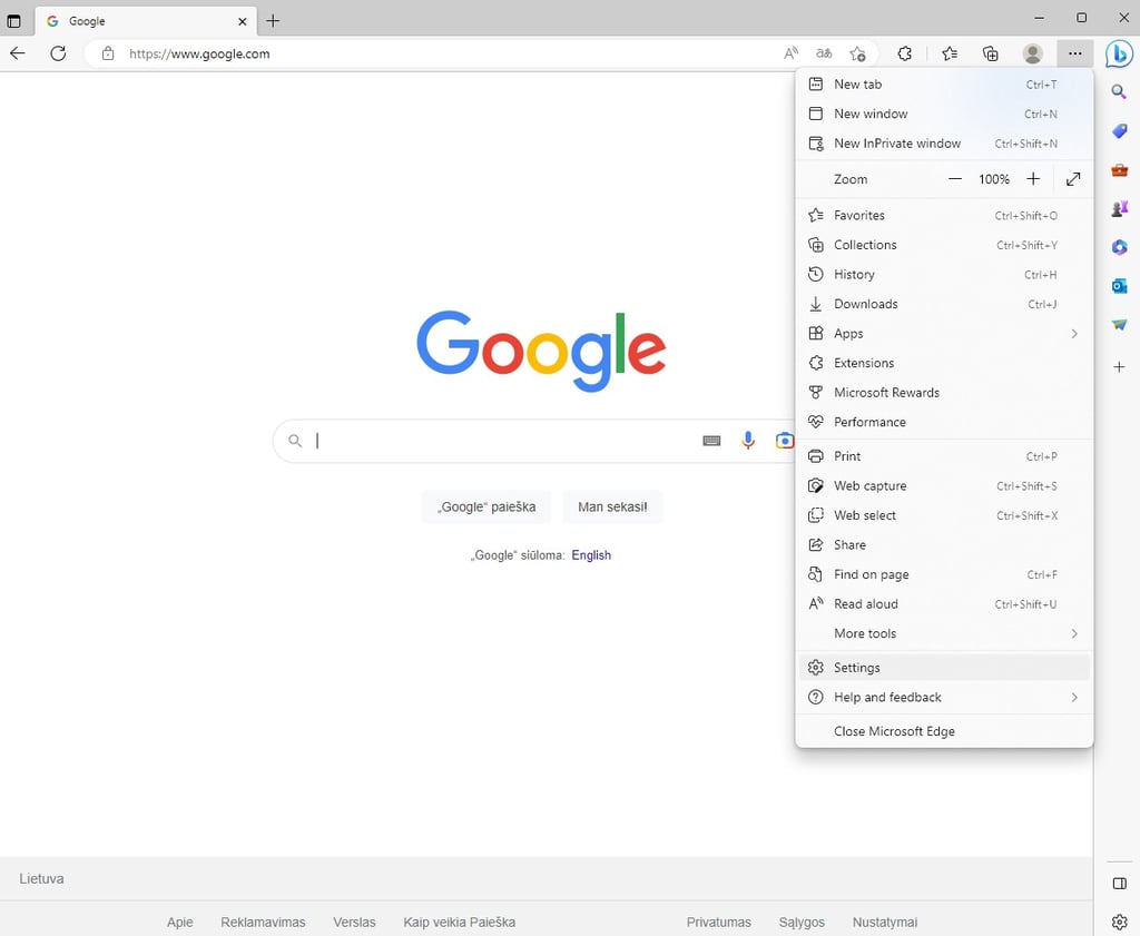 Settings on Microsoft Edge