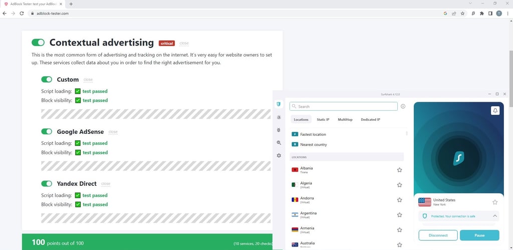 surfshark cleanweb adblock tester