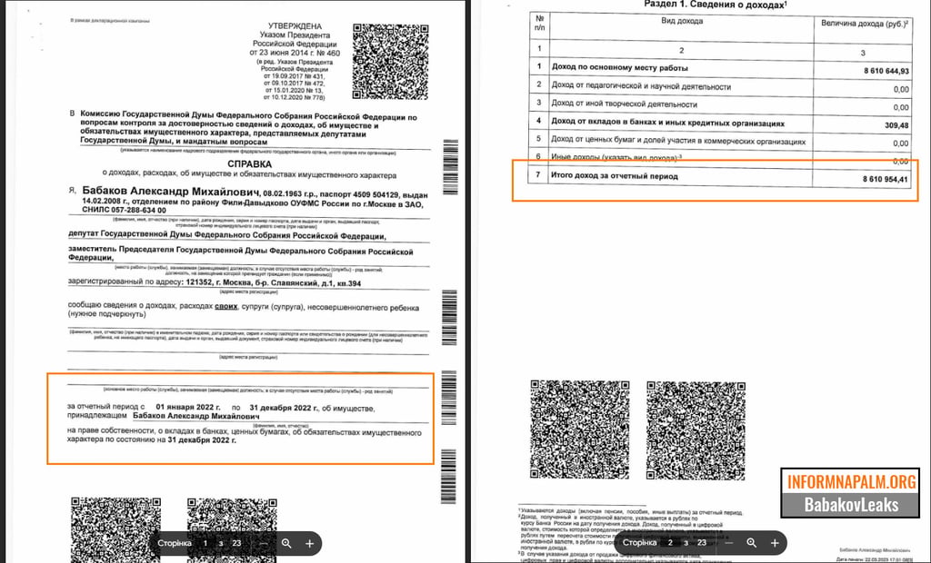 Document shows Oleksander Babakov's annual income