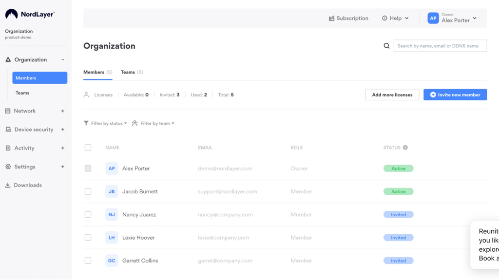 NordLayer control panel view