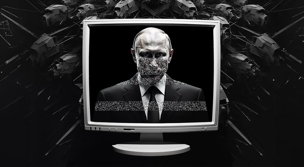 Black and white image of Putin partly obscured on screen