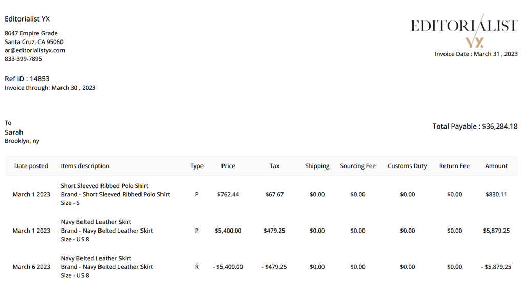 Editorialist invoice