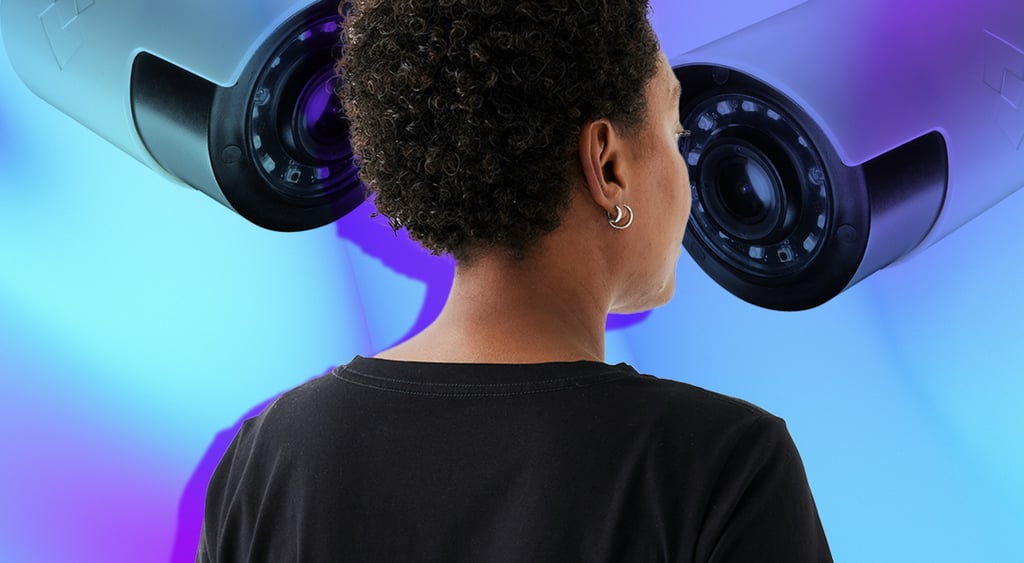 Woman and security cameras