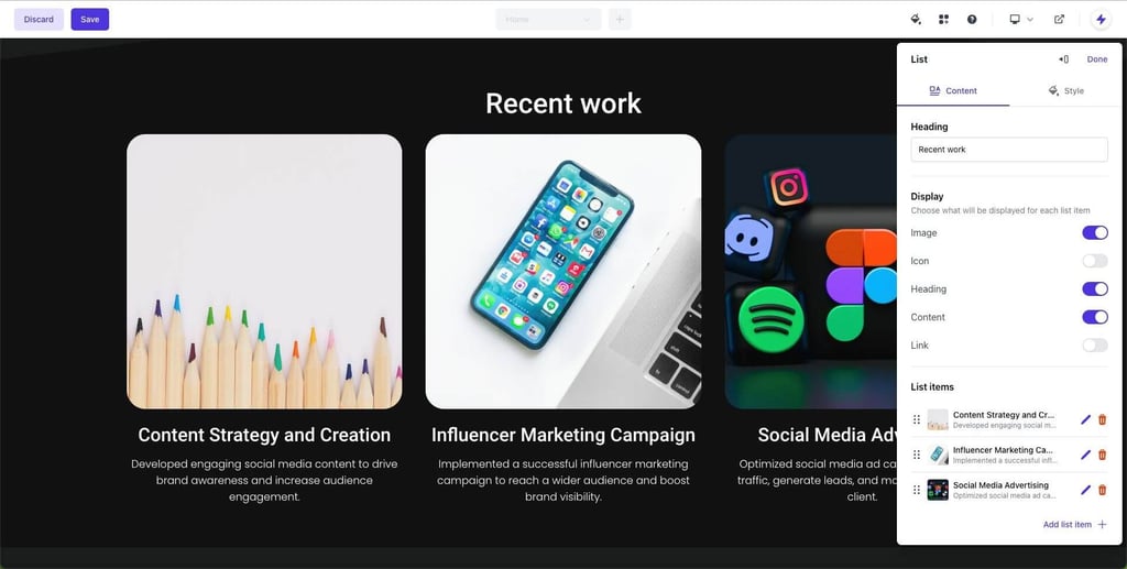 Website editing sections