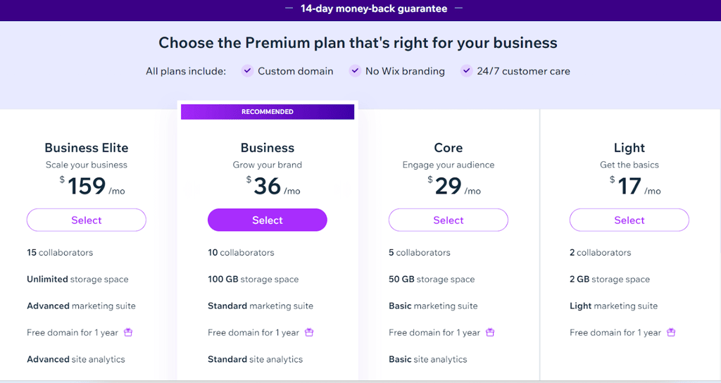wix choose plan