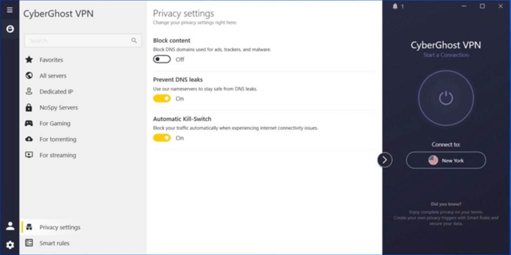 cyberghost vpn privacy settings
