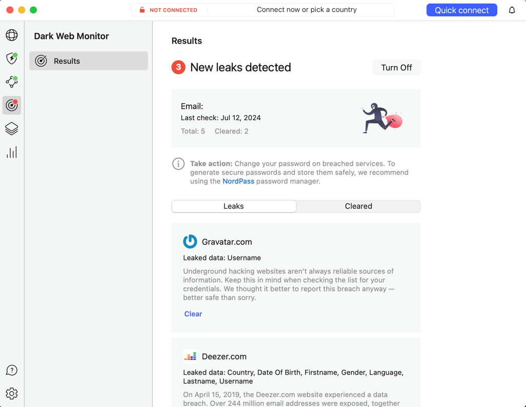 NordVPN review dark web monitor detection screenshot