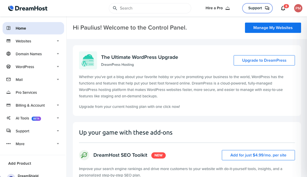 DreamHost control panel home