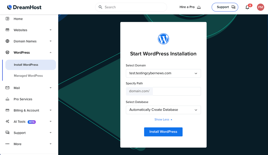 Start WordPress installation on DreamHost