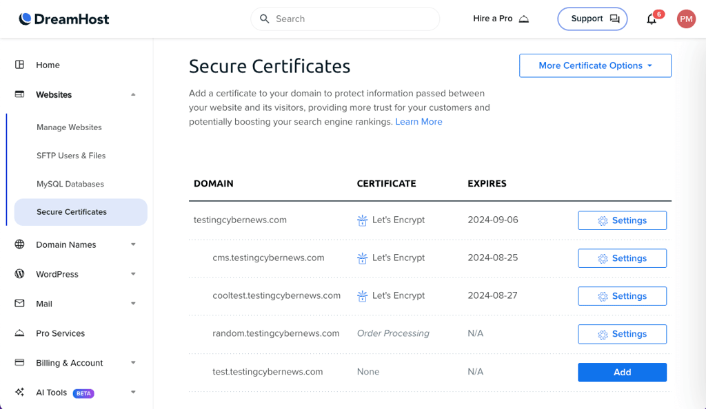DreamHost secure certificates