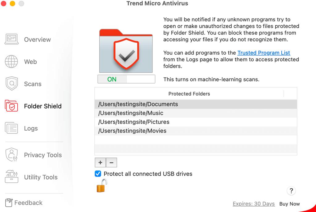 Trend Micro Folder Shield menu