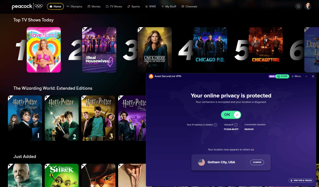 Avast SecureLine VPN Peacock TV US library