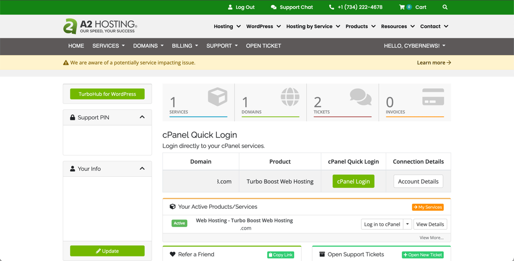 A2 Hosting dashboard