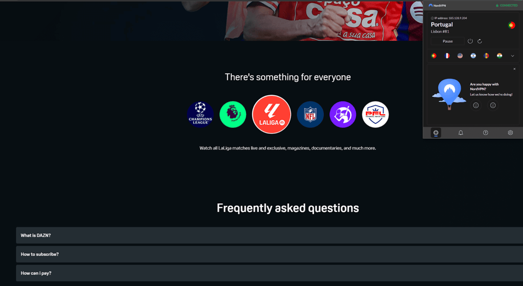 dazn nordvpn portugal server