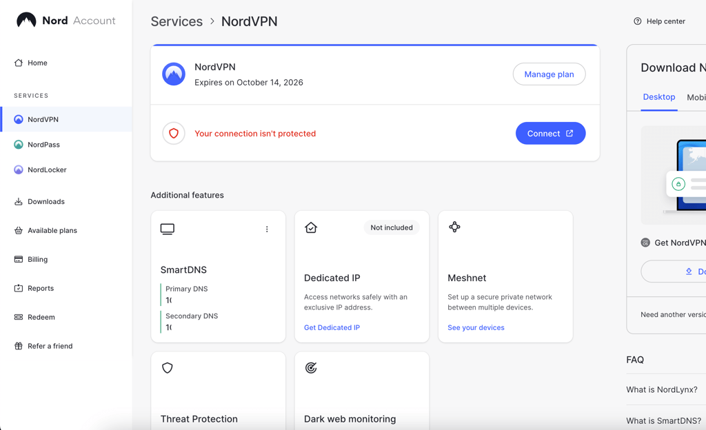 NordVPN manage plan